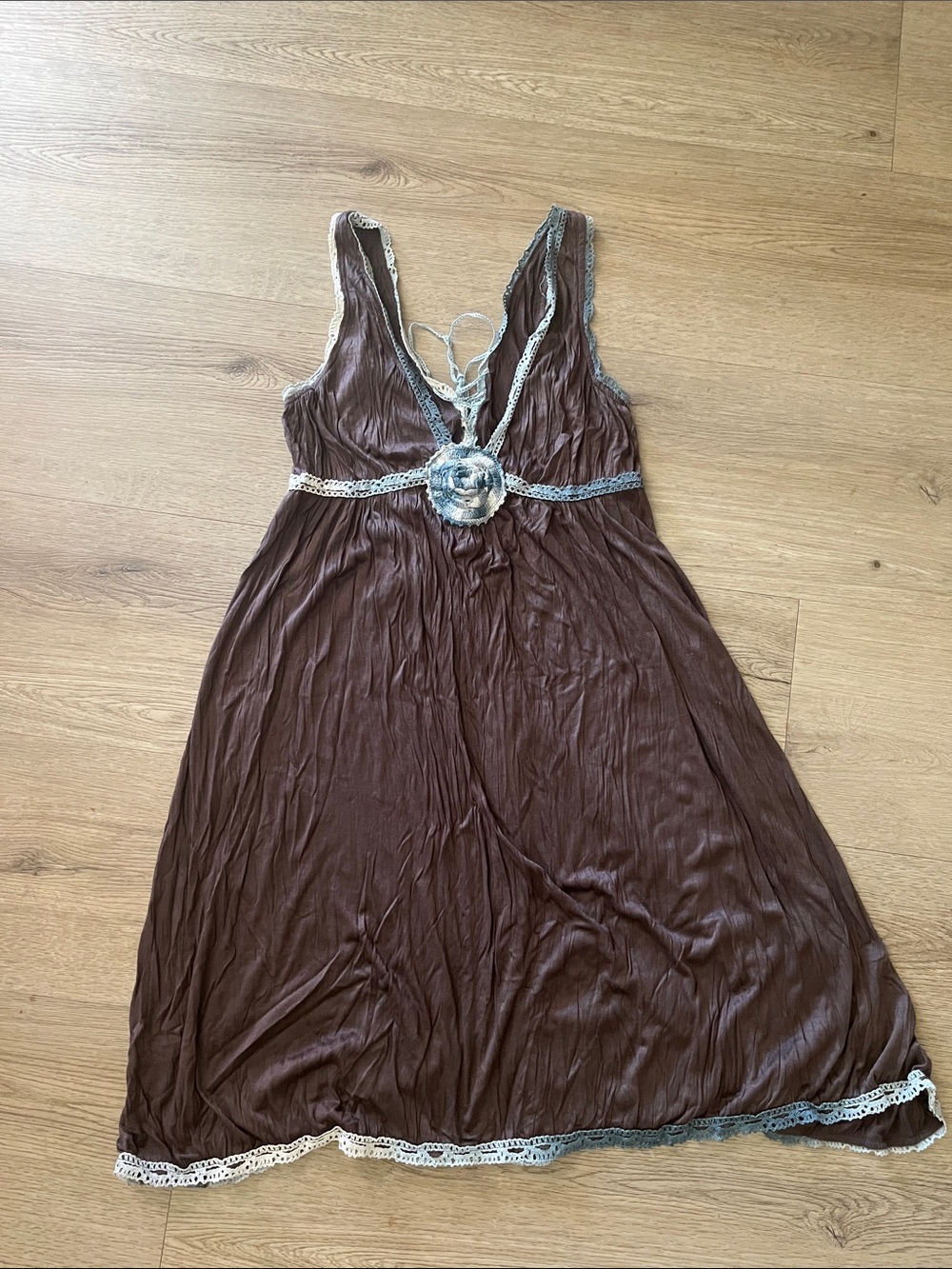 Free People Brown Boho Midi Dress with Cream Lace Trim